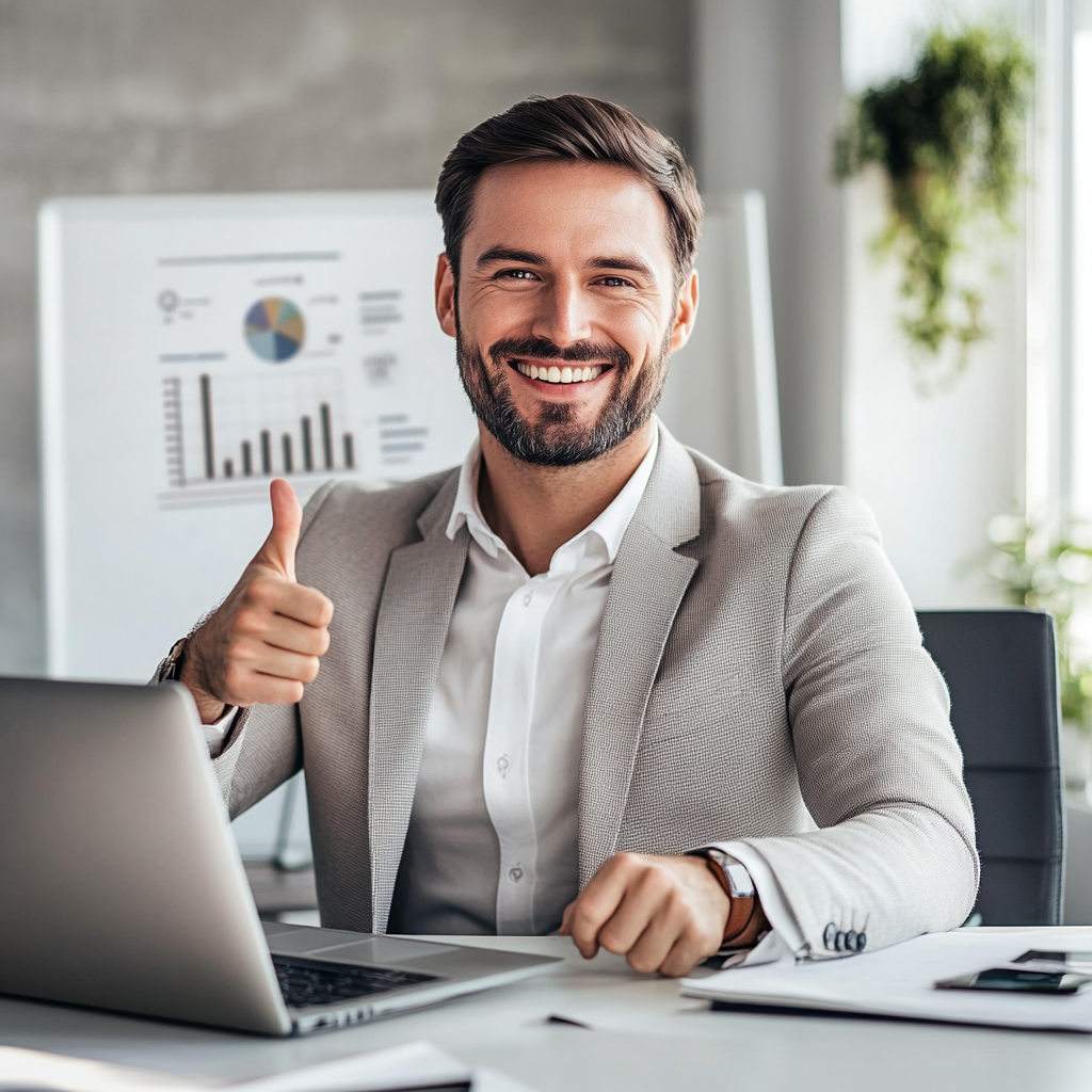 Happy business owner in sleek office sales up. Advertise Your Services with Business Growth Club