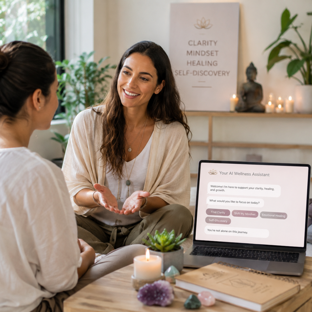 Happy spiritual wellness coach using an AI wellness assistant to guide a client with clarity, mindset, healing, and self-discovery, representing the Business Growth Club Biz Kit for starting and growing an AI-powered spiritual and wellness hub.