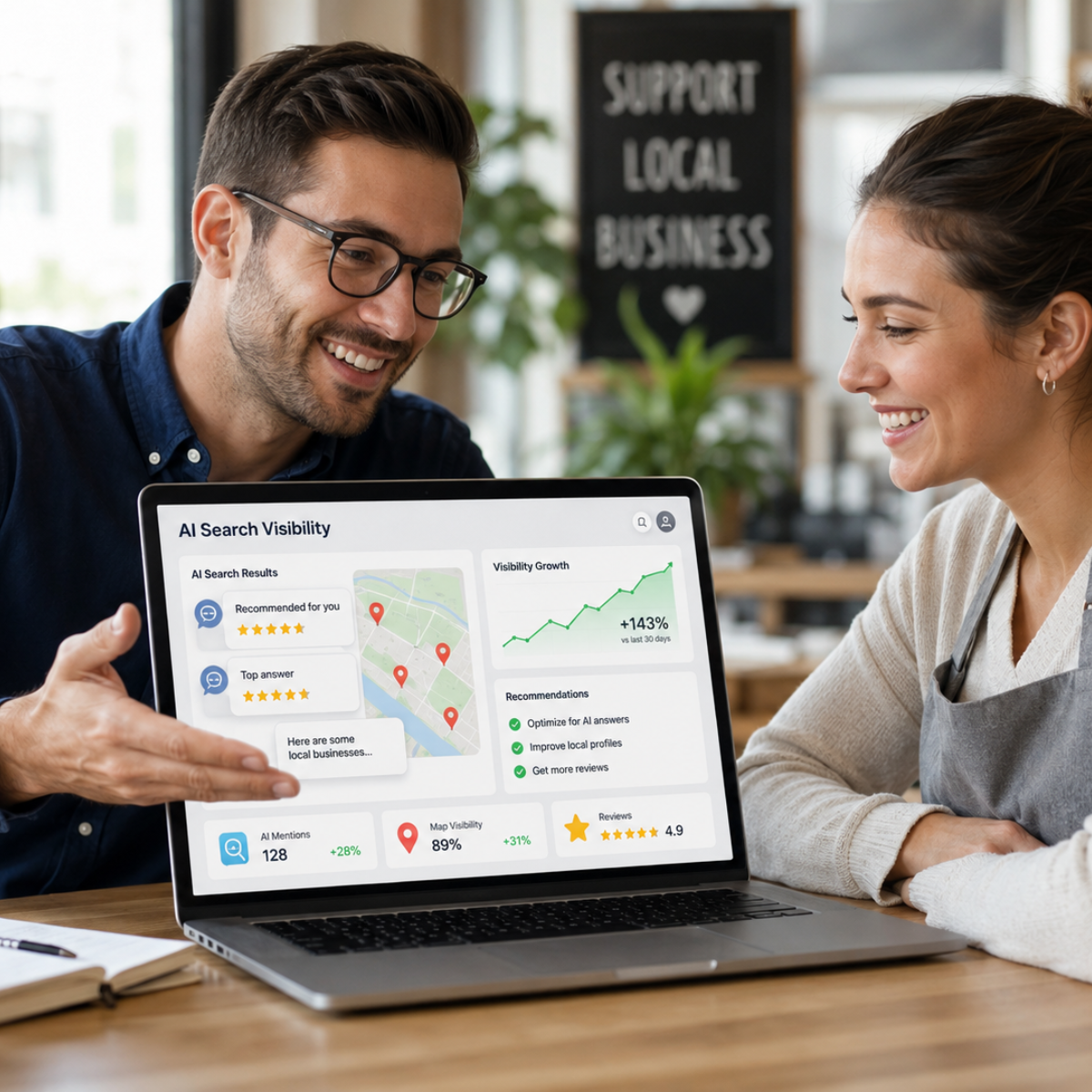 Happy AI SEO consultant showing a local business owner an AI search visibility dashboard, representing the Business Growth Club Biz Kit for starting and growing an AI SEO agency.