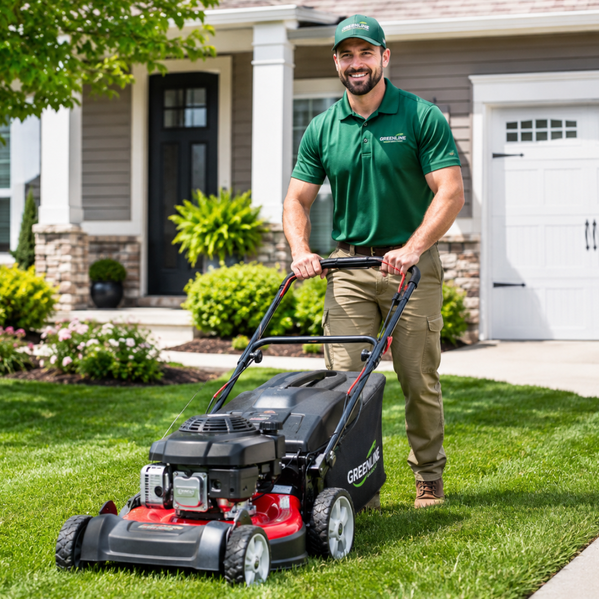 Happy lawn mowing business owner using a mower to cut grass outside a suburban home, representing the Business Growth Club Biz Kit for starting and growing a local service business.