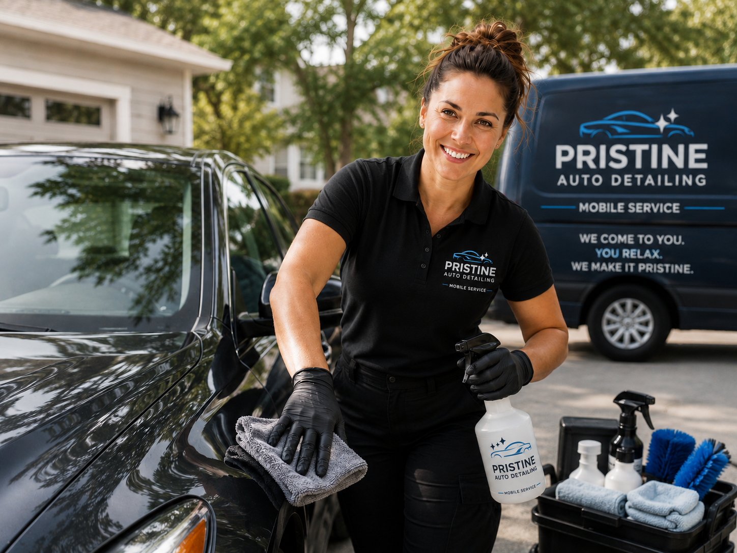 ChatGPT Image May 11, 2026, 01_08_49 PM Female mobile car detailing business owner cleaning a black car in a suburban driveway beside a branded detailing van, representing the Business Growth Club Business in a Box Biz Kits β ready-to-launch mobile car detailing business opportunity with website, marketing systems, SOPs, and client-getting tools included.