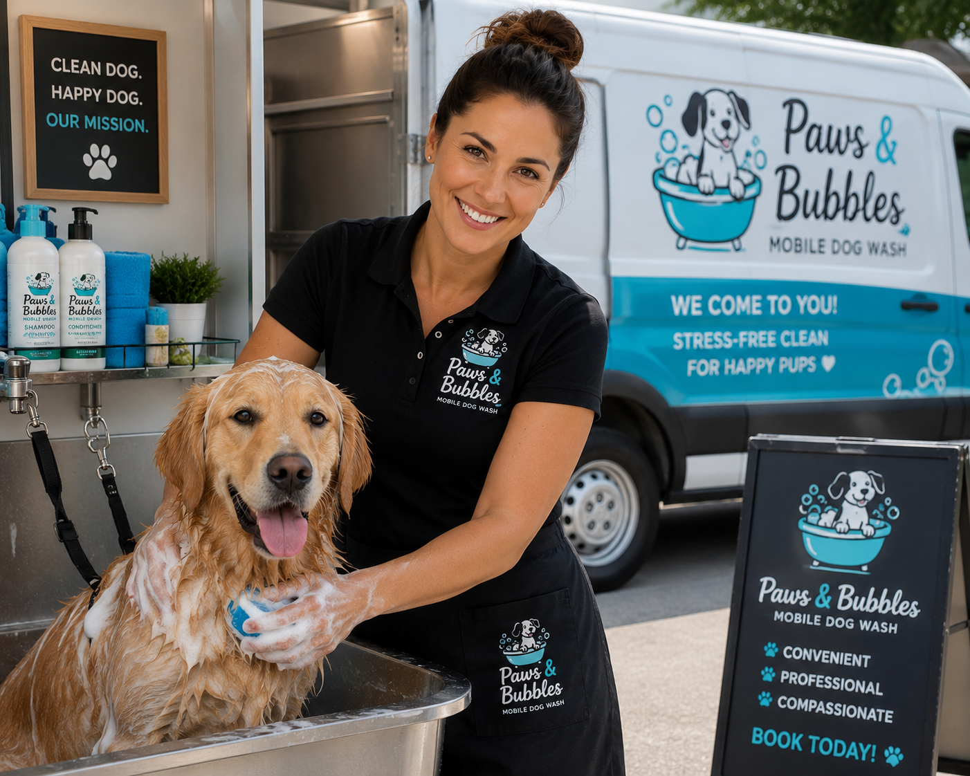 ChatGPT Image May 11, 2026, 01_21_20 PM Female mobile dog wash business owner bathing a happy golden retriever in a professional dog wash tub beside a branded mobile grooming van, representing the Business Growth Club Business in a Box Biz Kits β ready-to-launch mobile dog wash business opportunity with website, SOPs, marketing systems, branding, and client-getting tools included.