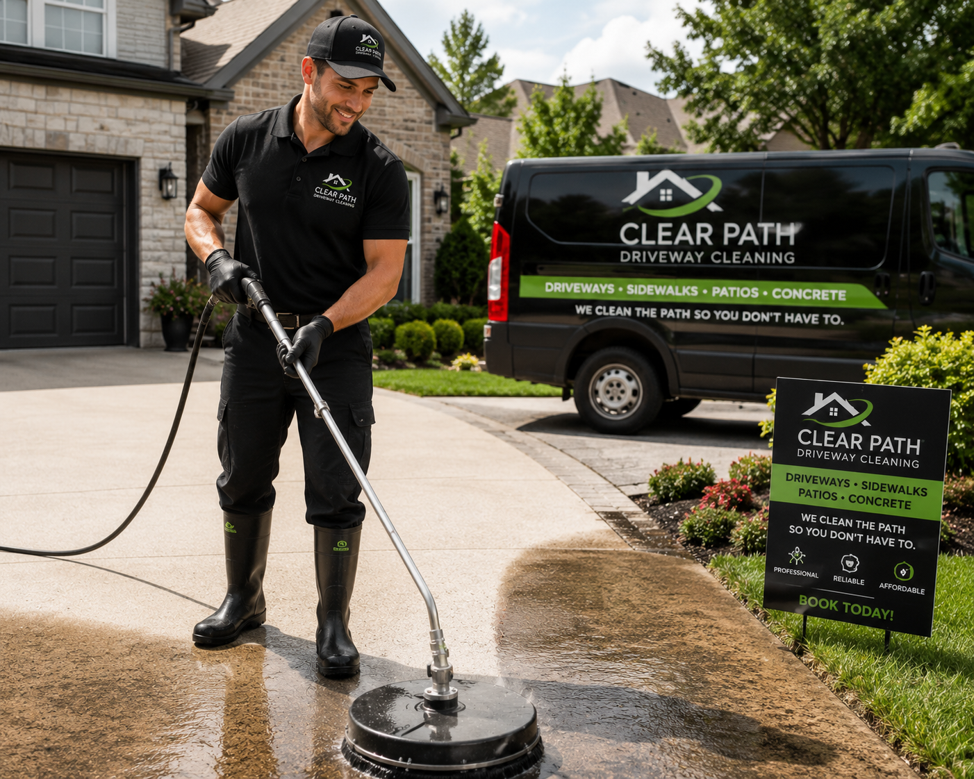 ChatGPT Image May 11, 2026, 01_27_48 PM Male driveway cleaning business owner pressure washing a residential suburban driveway with a visible before-and-after cleaning effect, beside a branded service van and signage, representing the Business Growth Club Business in a Box Biz Kits β ready-to-launch driveway cleaning business opportunity with website, SOPs, branding, marketing systems, and client-getting tools included.