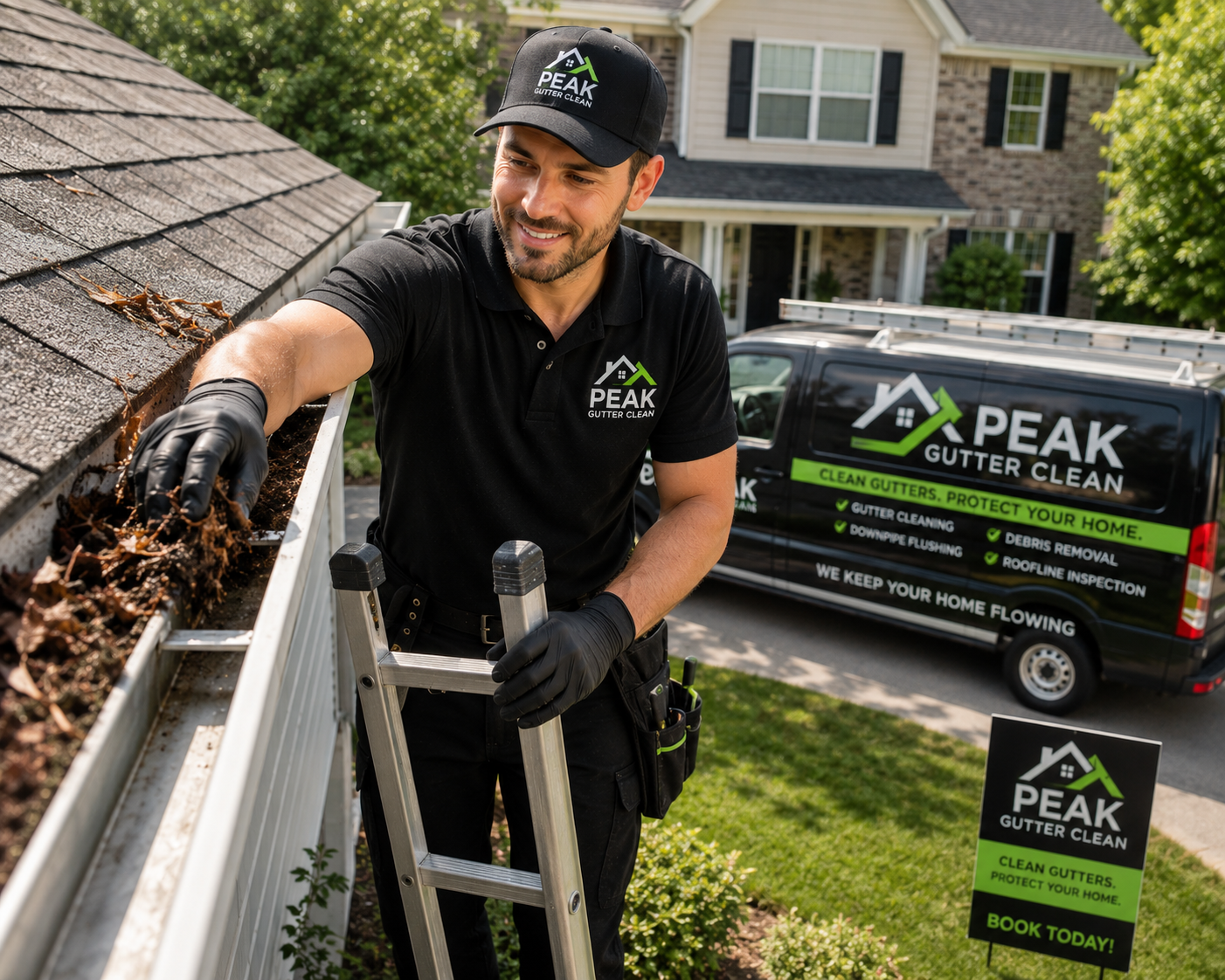 ChatGPT Image May 11, 2026, 01_34_41 PM Male roof gutter cleaning business owner removing leaves and debris from residential roof gutters on a suburban home, showing a clear before-and-after cleaning section, beside a branded service van and uniform, representing the Business Growth Club Business in a Box Biz Kits β ready-to-launch gutter cleaning business opportunity with website, SOPs, branding, marketing systems, and client-getting tools included.