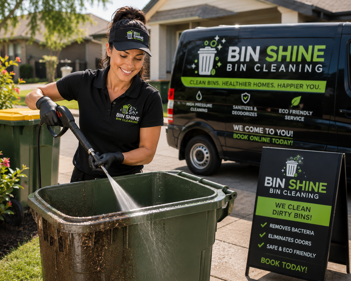 ChatGPT Image May 11, 2026, 01_45_08 PM Female garbage bin cleaning business owner pressure washing a residential wheelie bin in a suburban driveway, showing a visible before-and-after cleaned section, beside a branded service van and uniform, representing the Business Growth Club Business in a Box Biz Kits β ready-to-launch bin cleaning business opportunity with website, SOPs, branding, marketing systems, and client-getting tools included.