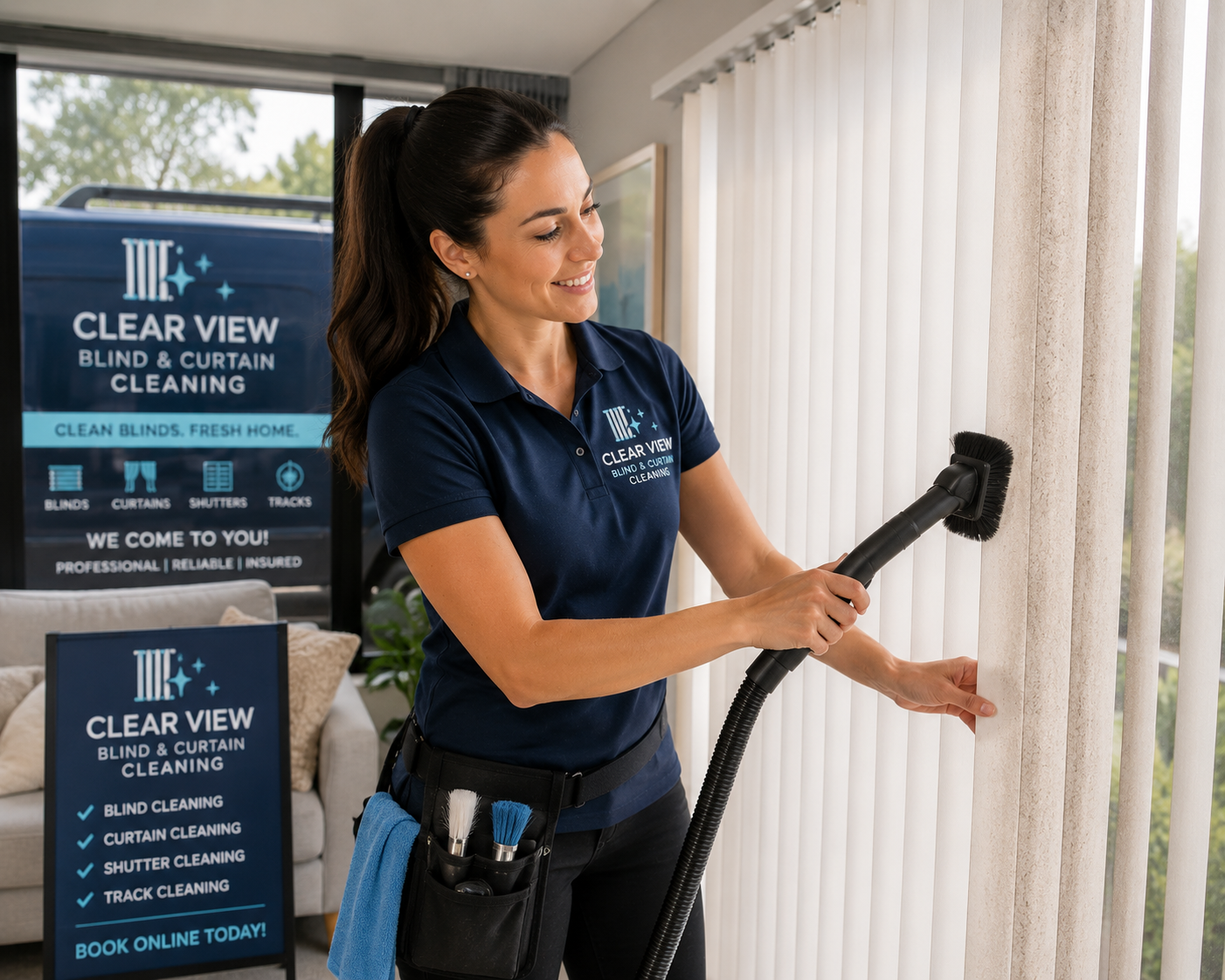ChatGPT Image May 11, 2026, 01_52_55 PM Female blind and curtain cleaning business owner cleaning vertical blinds inside a modern suburban home, showing a visible before-and-after cleaned section, while wearing a branded uniform beside matching business signage and vehicle branding, representing the Business Growth Club Business in a Box Biz Kits β ready-to-launch blind and curtain cleaning business opportunity with website, SOPs, branding, marketing systems, and client-getting tools included.