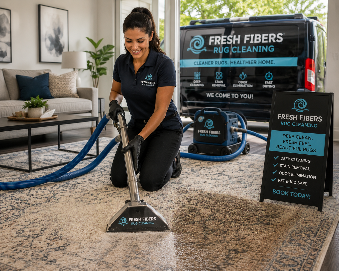 ChatGPT Image May 11, 2026, 02_04_46 PM Female rug cleaning business owner professionally cleaning a large rug inside a modern suburban home, showing a visible before-and-after cleaned section, while wearing a branded uniform beside matching business signage and vehicle branding, representing the Business Growth Club Business in a Box Biz Kits β ready-to-launch rug cleaning business opportunity with website, SOPs, branding, marketing systems, and client-getting tools included.