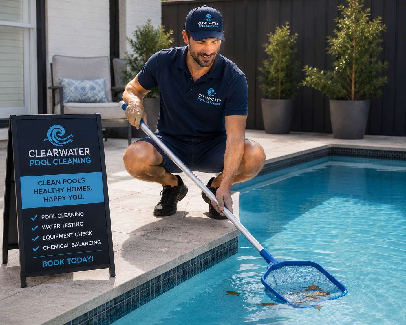ChatGPT Image May 11, 2026, 02_12_04 PM Male pool cleaning business owner professionally cleaning a suburban backyard swimming pool, showing a visible before-and-after cleaned section in the water, while wearing a branded uniform beside matching business signage and service van branding, representing the Business Growth Club Business in a Box Biz Kits β ready-to-launch pool cleaning business opportunity with website, SOPs, branding, marketing systems, and client-getting tools included.