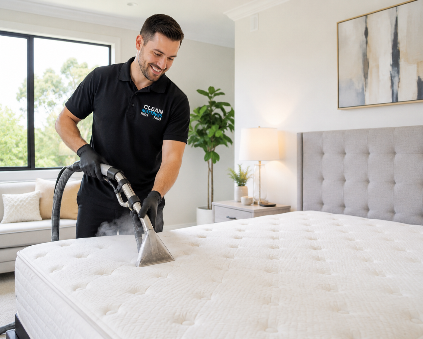ChatGPT Image May 13, 2026, 02_42_12 PM Smiling mattress cleaning professional steam cleaning a mattress in a bright modern bedroom using professional equipment, showcasing the Business Growth Club mattress cleaning business-in-a-box opportunity.