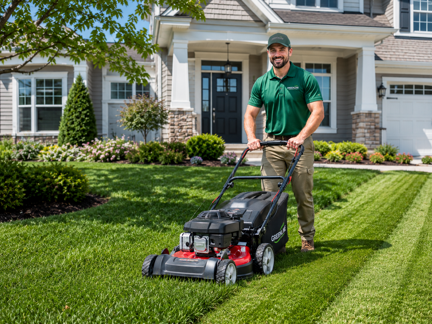 ChatGPT Image May 14, 2026, 02_20_47 PM Smiling lawn mowing business owner mowing a freshly cut residential lawn outside a modern suburban home, showing the contrast between freshly mowed grass and uncut lawn. Perfect for promoting local lawn care and Business Growth Club Biz In Box lawn mowing startup kits.