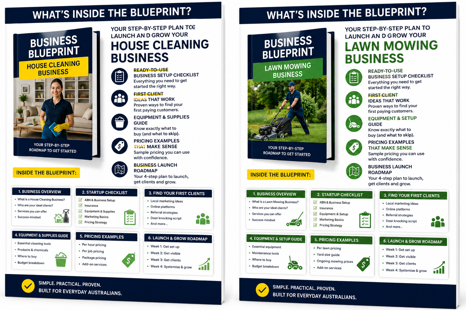 ChatGPT Image May 26, 2026, 04_09_56 PM Business Growth Club Business-in-a-Box blueprint preview showing what’s included inside two ready-to-launch service business kits: House Cleaning and Lawn Mowing. Each premium step-by-step guide reveals the exact roadmap to start and grow a local business — including business setup, startup checklist, equipment and supplies, pricing examples, marketing ideas, first client strategies, and launch plans. Designed for everyday Australians who want to start a service business faster, avoid guesswork, and follow a proven system to get their first customers and build recurring income. Simple. Practical. Beginner friendly. Launch your business with confidence.