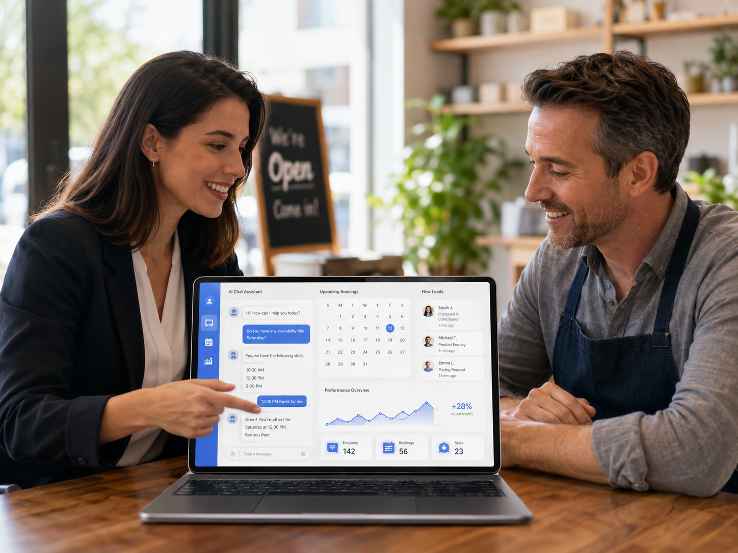 Happy AI chatbot consultant showing a small business owner an automated chatbot dashboard for enquiries, bookings, and sales, representing the Business Growth Club Biz Kit for starting and growing an AI chatbot agency.