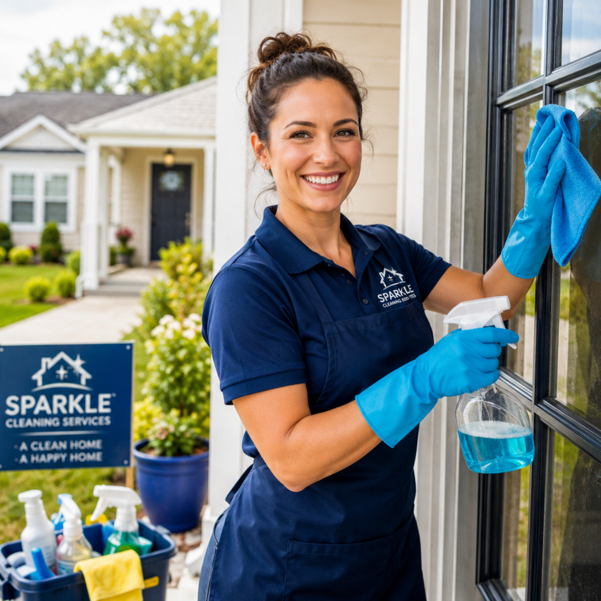 Happy house cleaning business owner smiling while cleaning a suburban home entrance, representing the Business Growth Club Biz Kit for starting and growing a local house cleaning business.